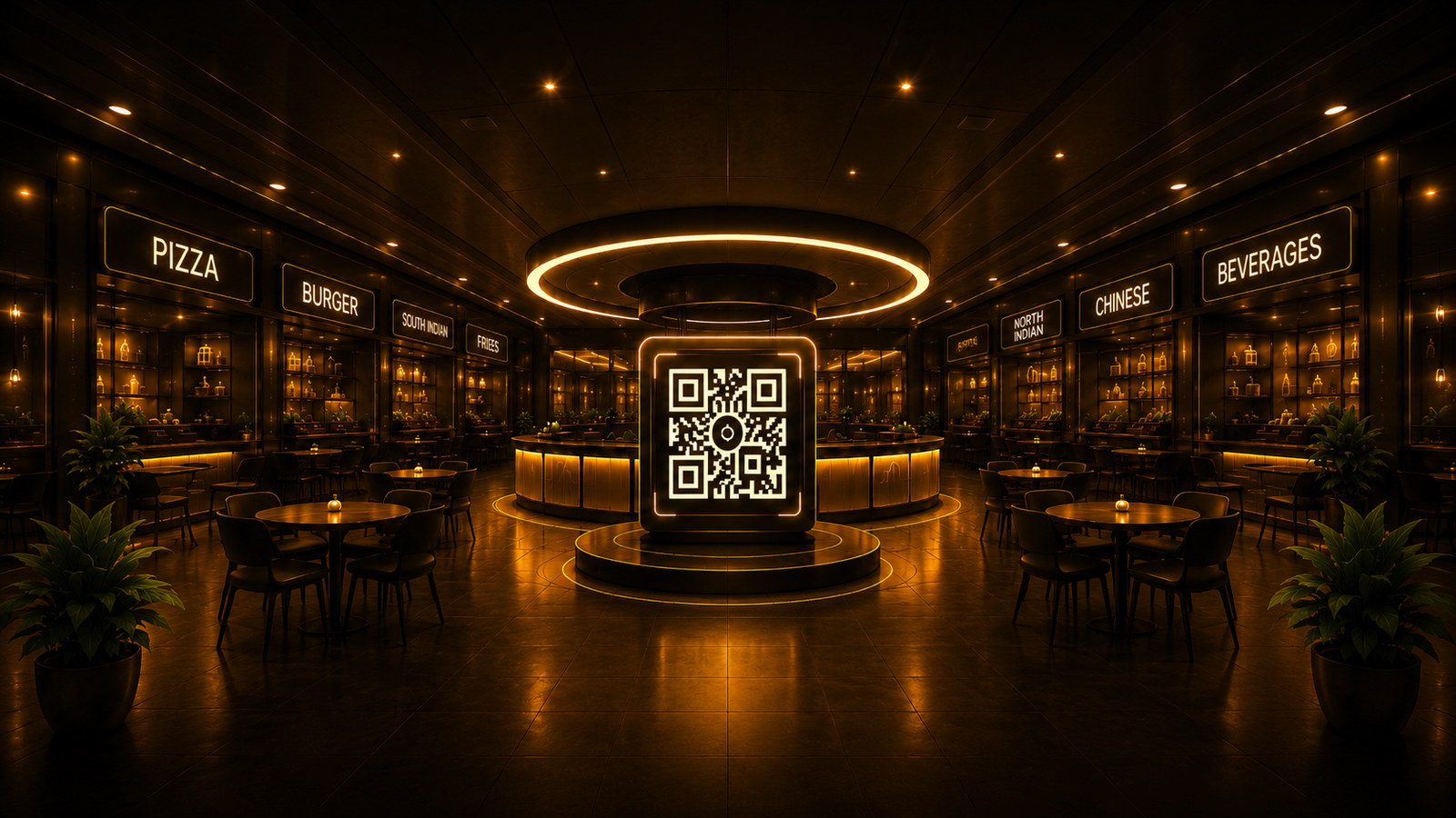 Premium food court interior with a central QR code kiosk